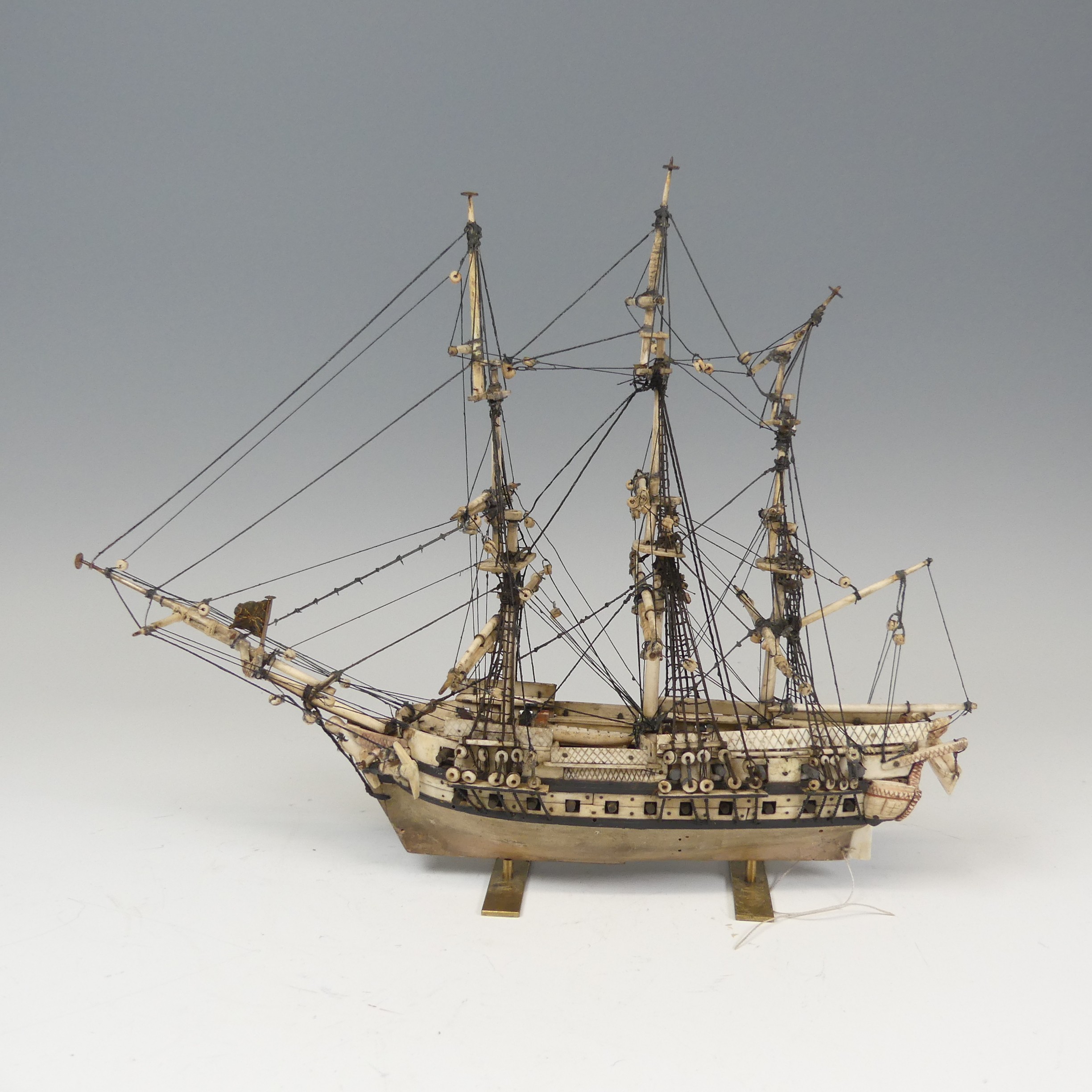 19th century Napoleonic Prisoner of War carved bone model of a three mast thirty-six gun Frigate, on - Image 2 of 12