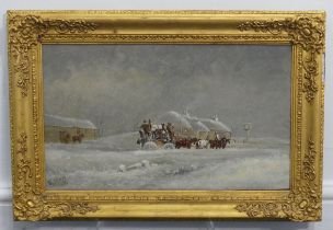 John Charles Maggs (1819-1896), A stagecoach outside an Inn in a winter landscape, oil on canvas,