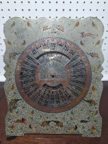 An antique engraved white metal and painted Perpetual 'Everlasting' Calendar, with metal easel back,