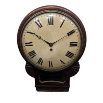 A 19th century mahogany drop dial convex wall Clock, yellowed 12'' dial with roman numerals, encased