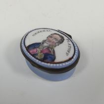 A rare 19thC South Staffordshire enamel Pill Box, the lid with printed and painted portrait entitled