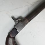 An unusual long barreled percussion Pistol, 50cm barrel (later addition), folding trigger, wooden