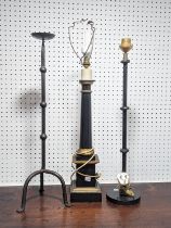 A black and gilt painted table Lamp, raised on stepped base, H 77 cm, together with a wrought iron