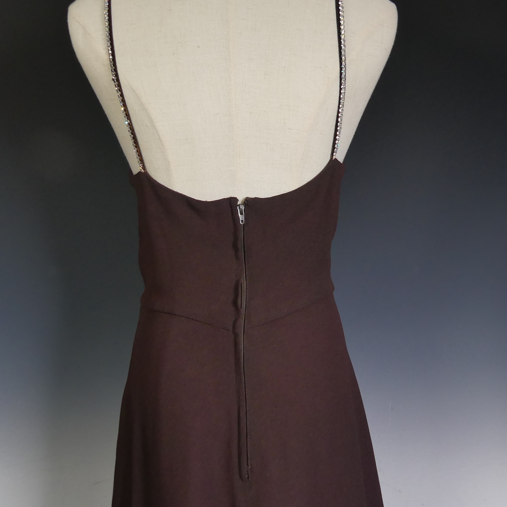 A vintage 1970s Biba maxi Dress, of chocolate brown colour with diamante straps, label for size - Image 7 of 8