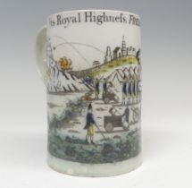 A late 18thC pearlware Duke of York Mug, with coloured transfer print illustrating a citadel under