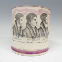 A mid 19thC Sunderland lustre Mug, with transfer print of the the three suspects of the Elstree