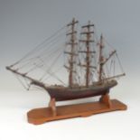 19th century carved wood model of a three-mast sailing ship, possibly Napoleonic prisoner of war, on