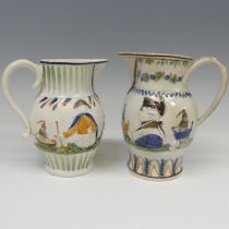 A 19thC prattware Jug of Admiral Duncan, decorated with portraits and seascapes, restored, H 17cm,