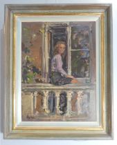 Susan Ryder (British, b.1944), Clare on the balcony, oil on canvas, signed lower left, 40cm x