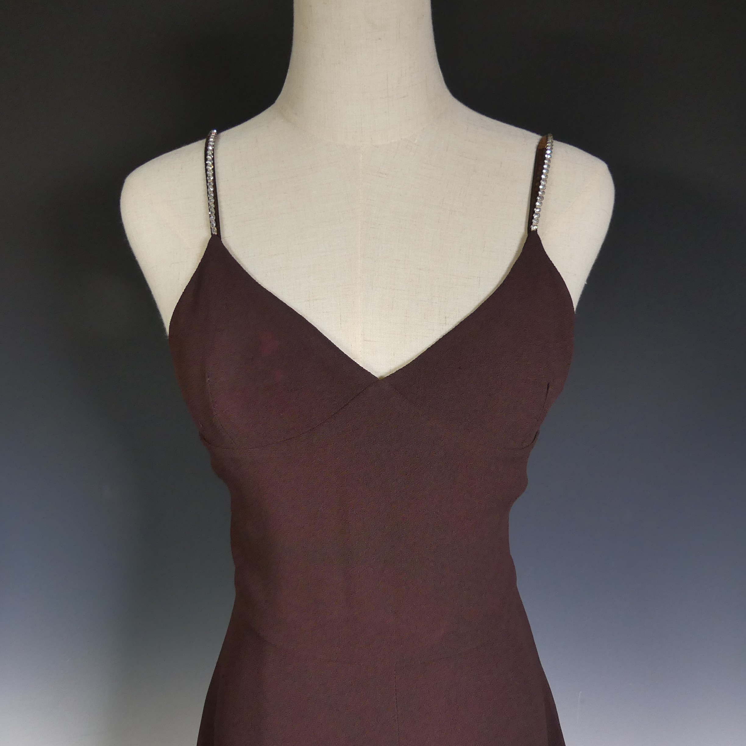 A vintage 1970s Biba maxi Dress, of chocolate brown colour with diamante straps, label for size - Image 6 of 8