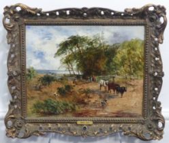 Attributed to David Cox (1783-1859), Pastoral landscape with cattle being led to water, oil on
