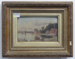Continental School (early 20th century), Sailing boats by a harbour in a river landscape, oil on