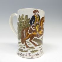 A late 18thC pearlware Duke of York Mug, with hand coloured transfer print and inscription for '