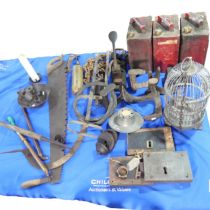 A large quantity of garden Tools and other items, including ; a saw, oil cans, weights, fire