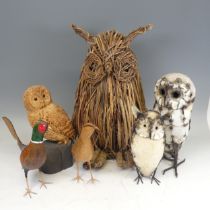 A metal model of an Owl, H 35 cm, together with another smaller metal model of an owl, a wicker owl,