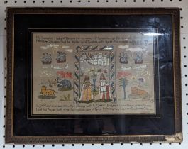 An early 20th century decorative Sampler, King George with his Queen, PMY 1915, in an eglomisé