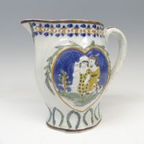 An 18thC pratt ware Jug, with central heart cartouche enclosing two figures, titled 'Mischievous,