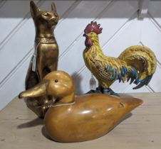 A painted cast-metal cockerel Doorstop, together with a gilt painted Egyptian style Cat and a