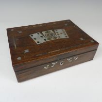 An antique mother of pearl inlaid playing card Box, hinged top inlaid with playing cards and