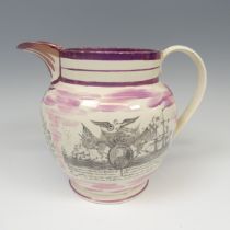 A 19thC Dixon & Co Sunderland lustre Jug, with transfer Nelson in Memoriam print, also Iron Bridge