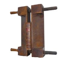 An antique oak book-binder's laying Press, with antiquarian book, W 61 cm x H 61 cm x D 11 cm.