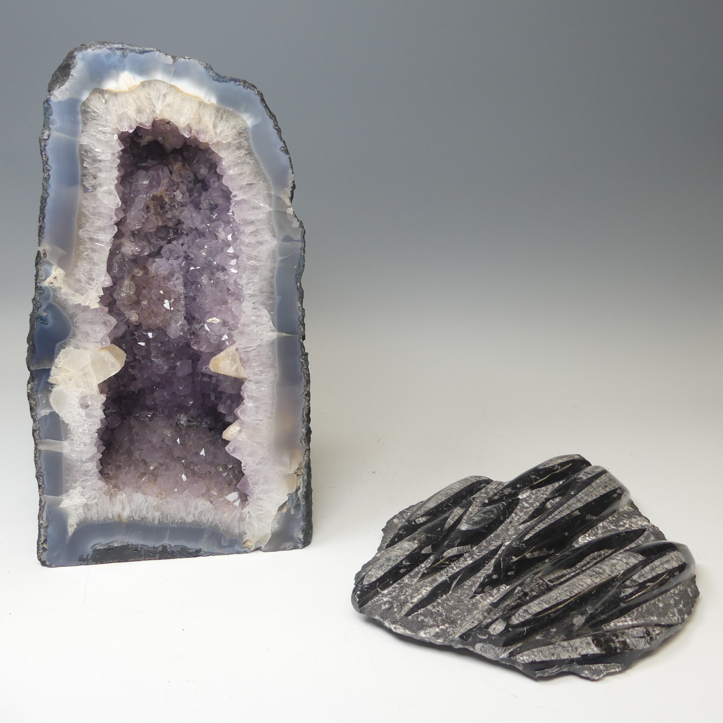 A large amethyst and quartz 'cathedral' Geode, free standing with flat base, with well-defined - Image 4 of 6
