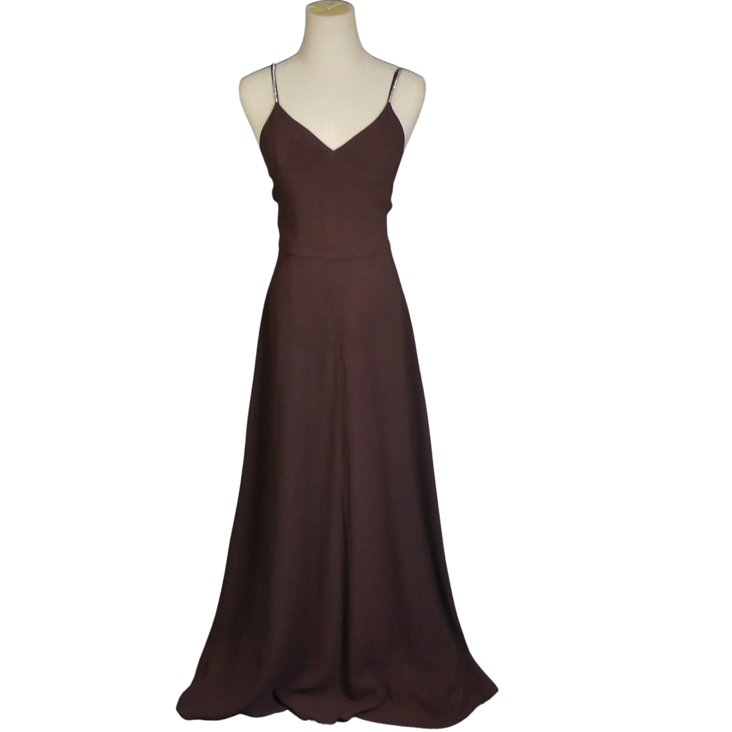 A vintage 1970s Biba maxi Dress, of chocolate brown colour with diamante straps, label for size - Image 3 of 8