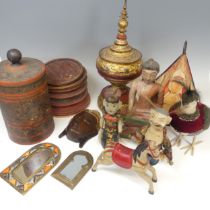 A quantity of Vintage Continental style Items, such as ; painted wooden Jar, Puppets, Buddha, Shade,