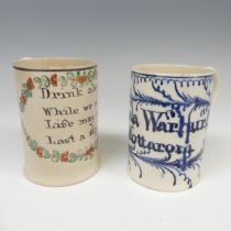 A late 18thC creamware cylindrical Mug, with inscription for 'Pamela Warhurst Mottarom', restored, H