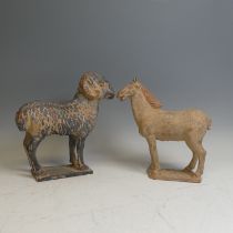 A vintage pottery Tang-style Horse, H 27.5cm, together with a large figure of a Ram, a Mexican