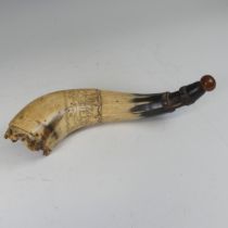 An early 19th century scrimshaw horn Powder Flask, possibly French Prisoner of War, inscribed and
