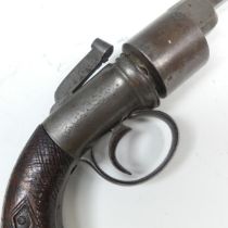 A Belgian 6 shot Transitional double action Percussion Revolver, with engraved frame and chequered