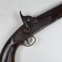 A percussion cavalry Pistol, possibly 19th century, 9 inch steel barrel, worn lock plate and