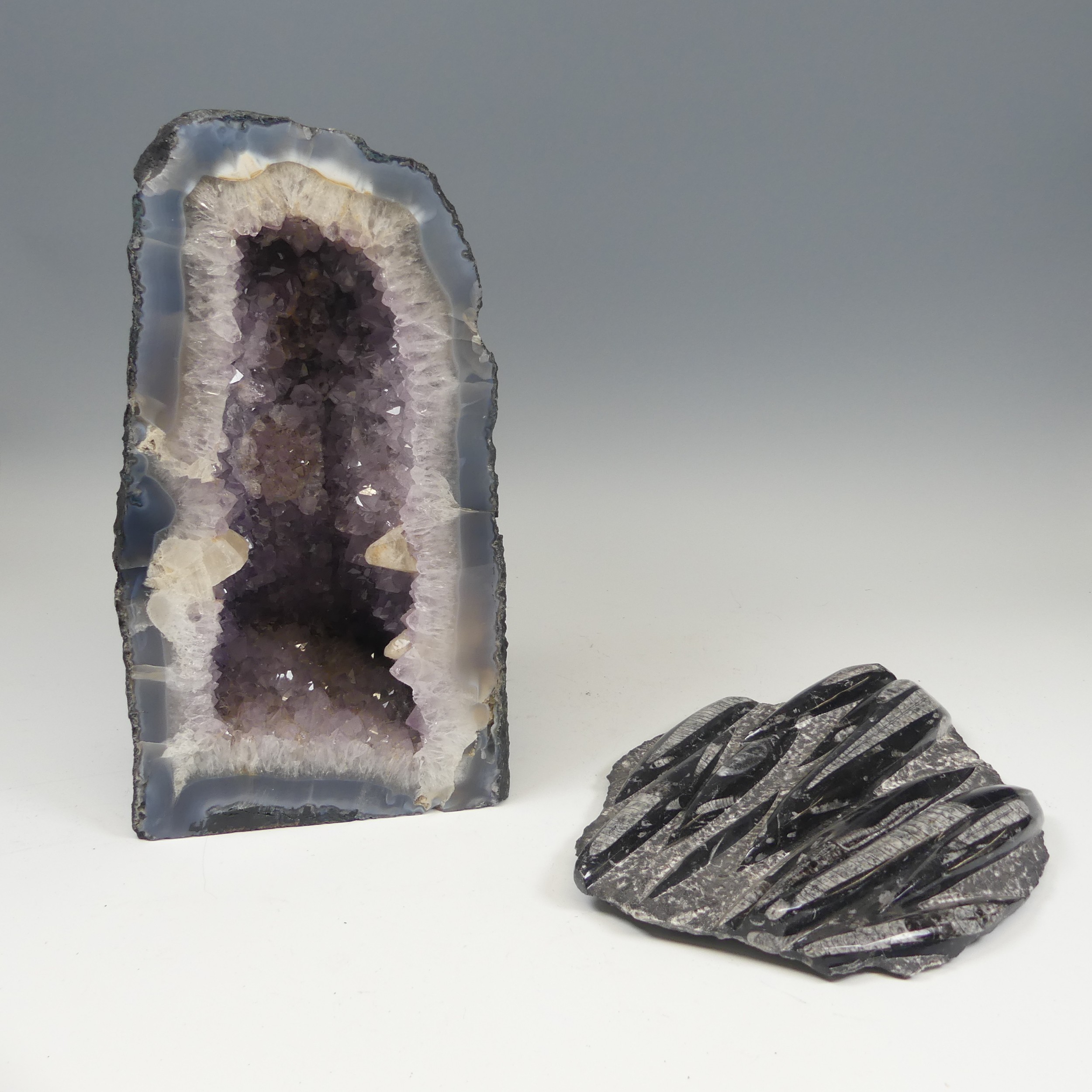 A large amethyst and quartz 'cathedral' Geode, free standing with flat base, with well-defined - Image 2 of 6