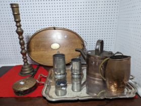 A large silver plated Tray, together with another wooden tray, a collection of various copper and