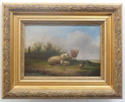 English School (19th century), Sheep grazing by a hillside pond with duck and poultry, oil on panel,