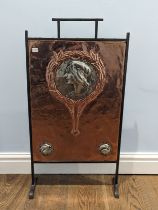 A rare Arts and Crafts copper and pewter Fire Screen, wrought iron surround enclosing embossed