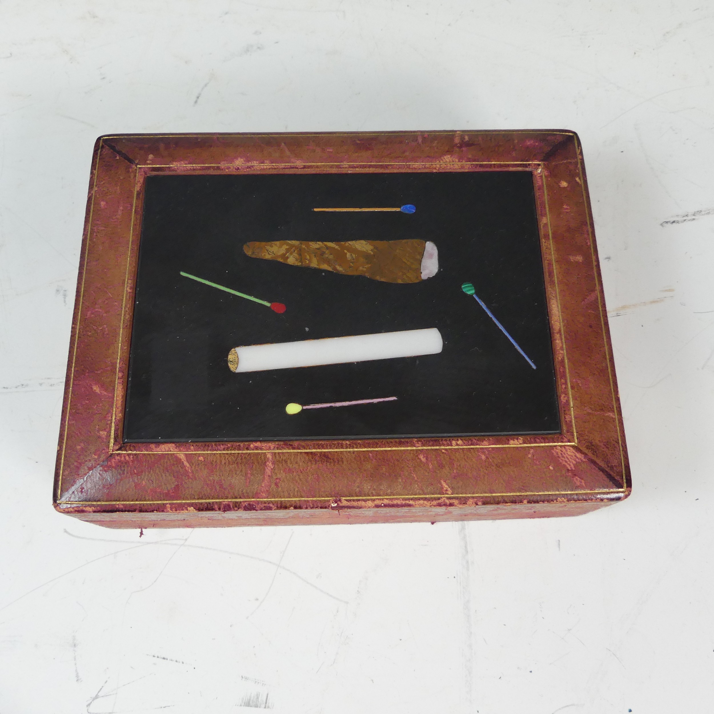 An Italian specimen stone and marble inset leather cigarette Box, W 17 cm x H 5 cm x D 13 cm. - Image 2 of 3