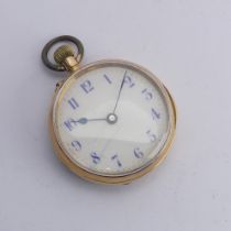 An 18ct gold Fob Watch, white enamel dial with blue Arabic Numerals, unsigned manual crown wind