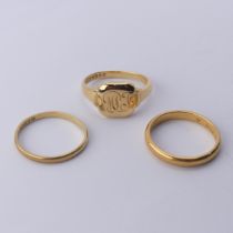 A narrow 22ct yellow gold Band, Size Q, 4.2g together with an 18ct gold signet ring, engraved with