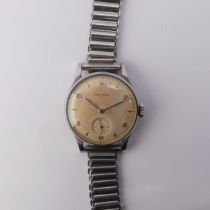 A vintage stainless steel Longines Wristwatch, the signed dial with alternate steel baton and Arabic