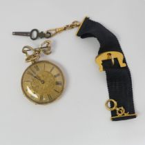 An 18ct gold Fob Watch, gilt dial with black Roman Numerals, movement signed 'Rotherham & Sons