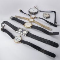 Two 9ct gold cased lady's Wristwatches, on leather straps, together with a silver pocket watch, with