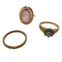 A narrow 9ct textured gold Band, Size R, together with a rose quartz dress ring, collet set in 9ct