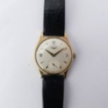 A 9ct gold Longines Wristwatch, the silvered dial with gilt baton hour makers and Arabic numeral