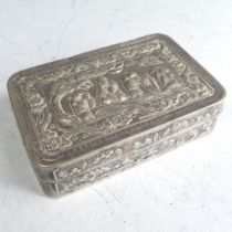 A Chinese export silver Snuff Box, of hinged rectangular form, the lid with figures amongst foliage,