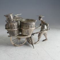 A Chinese novelty silver Cruet, in the form of a richshaw, with mustard, open salt and pepper '