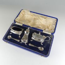 A cased Elizabeth II silver three piece Cruet Set, by Hardy Brothers, hallmarked Birmingham 1953/