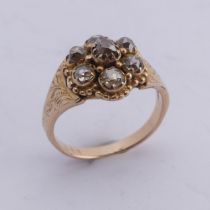 A late Victorian diamond cluster Ring, the old cut stones all mounted in unmarked yellow gold,