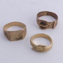 Two 9ct gold gentleman's Rings, one of buckle design, Size X, the other with square front set single